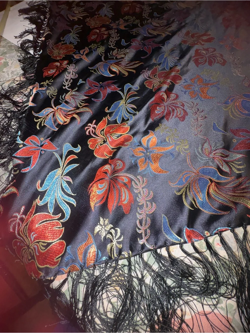black floral embroidered silk like boho shawl featuring long fringe trim